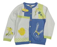 Bílo-modro-limetekový propínací svetr s králíkem a kuřetem Tu