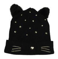 Černá žebrovaná pletená čepice s hvězdami a bambulemi Primark