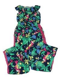 Tmavomodrý ľahký nohavicový overal s listami a tukanmi Pocopiano