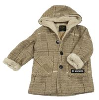 Hnědo-béžová kostkovaná chlupatá zateplená bunda s kapucí