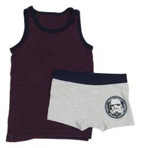 2set - Tmaovmodro-červený pruhovaný nátělník + světlešedé melírované boxerky se Stromtroopery - Star Wars