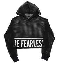 Čierna sieťovaná crop mikina s nápisom a kapucňou Shein