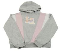 Sivo-ružovo-biela crop mikina s nápisom a kapucňou Primark