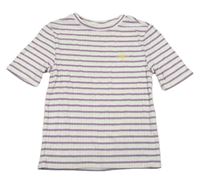Bielo-levandulové pruhované rebrované crop tričko s výšivkou