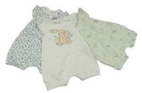 Nové - 3x bavlněný kraťasový overal - mátový květovaný s medvědy + bílý puntíkatý + bílý květovaný Next