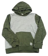 Šedo-khaki mikina s dinosaurami a kapucňou H&M