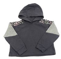 Tmavosivá crop mikina s leopardím vzorom a kapucňou Next