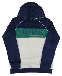 Tmavomodro-bílá sportovní mikina s nápisem a kapucí 