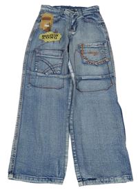 Nové - tmavomodro-bílé melírované rifle s kapsami a potiskem 