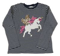 Tmavomodro-biele pruhované tričko s jednorožcem z flitrů Next