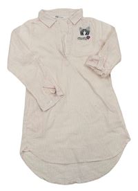 Svetloružová -biele pruhované košeľové ľahké šaty s mačkou H&M