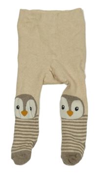 Béžové zateplené punčocháče s pruhy a tučňákem Topomini