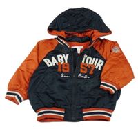 Tmavomodro-červený šusťákový podšitý bomber s nápisem a kapucí H&M