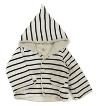 Bílo-tmavomodrá pruhovaná zateplená propínací mikina s kapucí 