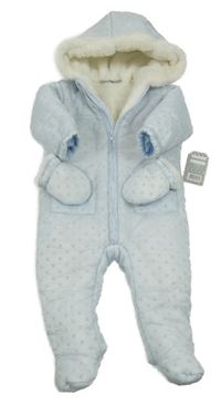 Nové - Světlemodro-bílá puntíkatá šusťáková zimní kombinéza s kapucí + rukavice 