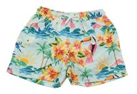 Světlemodro-farebné plážové kraťasy s kvetmi a tukanom Matalan