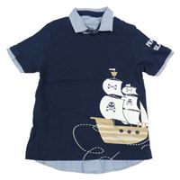 Tmavomodré tričko s lodí a košilovými prvky Topolino