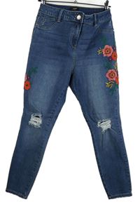 Dámske modré slim rifle s kvetmi a dierami Denim