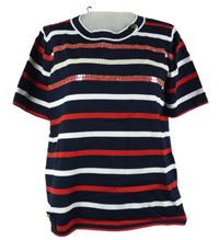 Dámske tmavomodro-bielo-červené pruhované pletené tričko s flitrami Damart