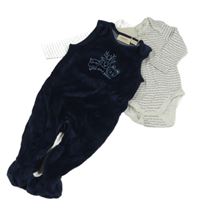 Nové- 2set- tmavomodré sametové dupačky se zvířaty+ bílé pruhované bodyLupilu