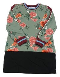 Kaki-čierne kvetinové teplákové šaty