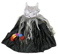 Kockovaným - 2set - Sivo-čierne saténové šaty s tylem + čelenka s kvetmi a lebkami Tu