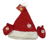 Nové - 2set - Červeno-bílá fleecová čepice + rukavice - Santa