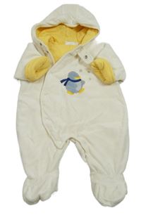 Bílá sametová zateplená kombinéza s tučňákem a kapucí