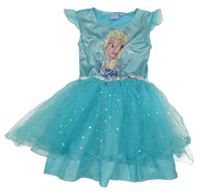 Kockovaným - Modré trblietavé šaty s Elsou a volánikmi Disney