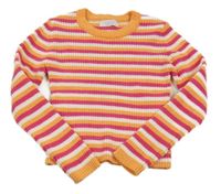 Oranžovo-růžovo-bílý pruhovaný žebrovaný žinylkový crop svetr Primark 