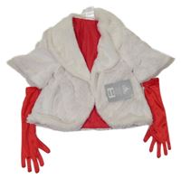 Nové - 2set - Bílé chlupaté podšité bolerko + červené saténové rukavice Disney
