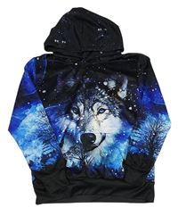 Černo-modro-safírová sportovní mikina s husky a kaapsou a kapucí
