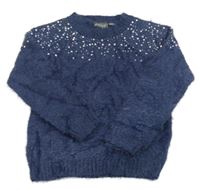 Tmavomodrý chlpatý sveter s flitrami alive