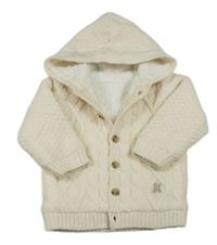 Smetanový vzorovaný propínací zateplený svetr s medvídkem a kapucí little nutmeg