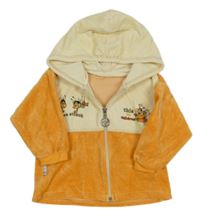 Oranžovo-smotanová zamatová prepínaci mikina s vosičkami a kapucňou