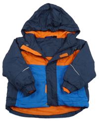 Tmavomodro-oranžovo-modrá šušťáková zimná lyžiarska bunda s kapucňou lupilu