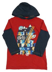 Červeno-tmavomodré melírované triko s kolem a vločkami a nápisy a kapucí FAT FACE