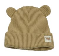 Béžová žebrovaná čepice s medvídkem a oušky F&F