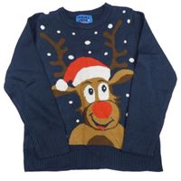 Tmavomodrý pletený vianočný sveter so sobom COLORS&BLUE