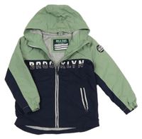 Tmavomodro-khaki šušťáková jarná bunda s nápisom a kapucňou dopodopo