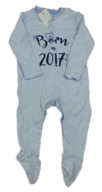 Nové - svěatlemodro-biely pruhovaný overal s nápismi a medvedíkmi F&F