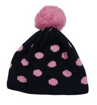 Čierno-ružová bodkovaná á pletená čapica s brmbolcom