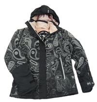 Černo-šedá vzorovaná šusťáková zimní lyžařská bunda s odepínací kapucí