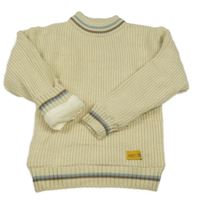 Svetlobéžový rebrovaný pletený zateplený sveter s nášivkou a pruhmi