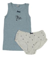 2Set - Modrá melírovaná košieľka  s koníkem a srdiečkom Topolino + bílé puntíkaté kalhotky s ptáčky YIGGA