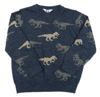 Tmavomodrý melírovaný sveter s dinosaurami M&Co