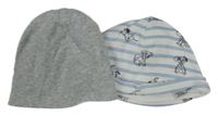 2x - Čepice - Šedá melírovaná H&M, bílo/modrá pruhovaná s  H&M, bílo/modrá pruhovaná s dalmatinky Disney