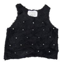 Černý chlupatý crop top s kamínky ZARA