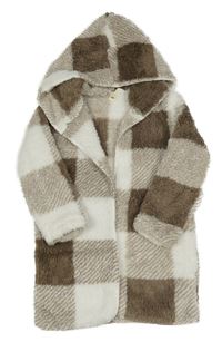Hnědo-bílý kostkovaný huňatý cardigan s kapucí 