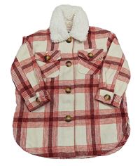 Krémovo-vínovo-červená kockovaná vlnená košeľová bunda Primark